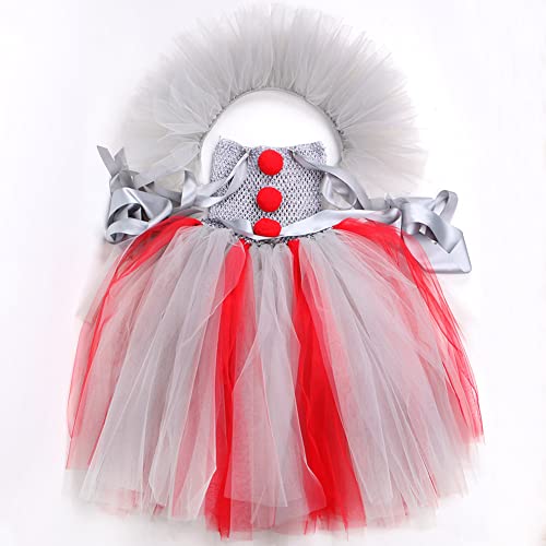 OBEEII Niños Disfraz de Cosplay Deluxe Siniestro Disfraz de Payaso Niños Malvado Vestido + Diadema Halloween Carnaval Cumpleaños Disfraz De Vestir Traje Vestido Rojo Grisáceo 8-9 Años