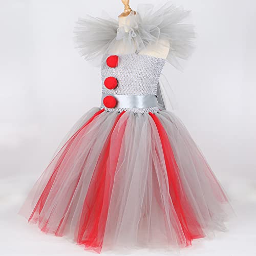 OBEEII Niños Disfraz de Cosplay Deluxe Siniestro Disfraz de Payaso Niños Malvado Vestido + Diadema Halloween Carnaval Cumpleaños Disfraz De Vestir Traje Vestido Rojo Grisáceo 8-9 Años