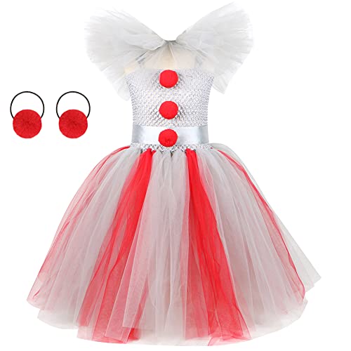 OBEEII Niños Disfraz de Cosplay Deluxe Siniestro Disfraz de Payaso Niños Malvado Vestido + Diadema Halloween Carnaval Cumpleaños Disfraz De Vestir Traje Vestido Rojo Grisáceo 8-9 Años