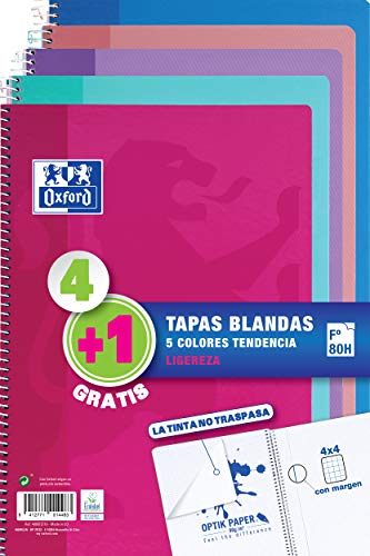 Oxford Cuadernos A4,Tapa Blanda, 80 Hojas, Cuadrícula 4x4, Pack 4+1 , Surtido colores tendencia