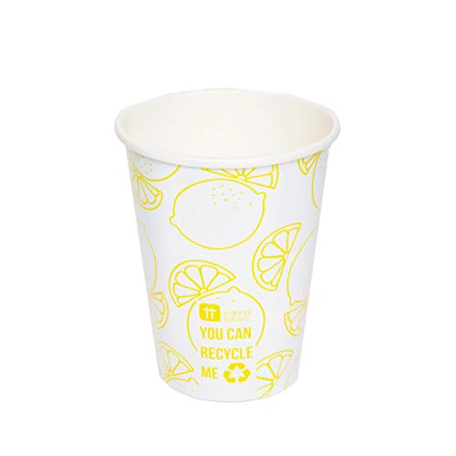 Paquete de 8 vasos de papel con estampado amarillo limón, 12 oz (341 ml) | Desechables, sin plástico, reciclables en casa | Vajilla para cenar, cumpleaños, fiesta en el jardín, picnic