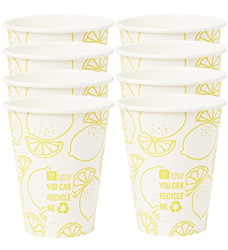 Paquete de 8 vasos de papel con estampado amarillo limón, 12 oz (341 ml) | Desechables, sin plástico, reciclables en casa | Vajilla para cenar, cumpleaños, fiesta en el jardín, picnic