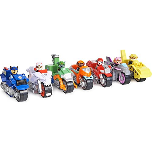 PAW PATROL Moto Pups Rubble’s Deluxe Pull Back Motorcycle Vehicle with Wheelie Feature and Figure Rubble-Vehículo Ruedas (Spin Master 6060543)