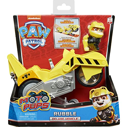 PAW PATROL Moto Pups Rubble’s Deluxe Pull Back Motorcycle Vehicle with Wheelie Feature and Figure Rubble-Vehículo Ruedas (Spin Master 6060543)