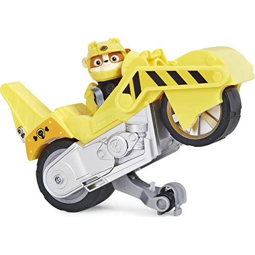 PAW PATROL Moto Pups Rubble’s Deluxe Pull Back Motorcycle Vehicle with Wheelie Feature and Figure Rubble-Vehículo Ruedas (Spin Master 6060543)