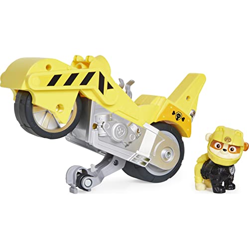 PAW PATROL Moto Pups Rubble’s Deluxe Pull Back Motorcycle Vehicle with Wheelie Feature and Figure Rubble-Vehículo Ruedas (Spin Master 6060543)