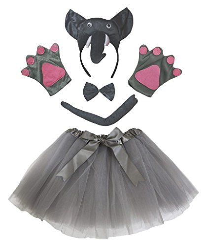 Petitebelle Elefante 3D diadema Bowtie Guantes de cola Tutu niña Disfraz de 5 piezas Un tamaño gris