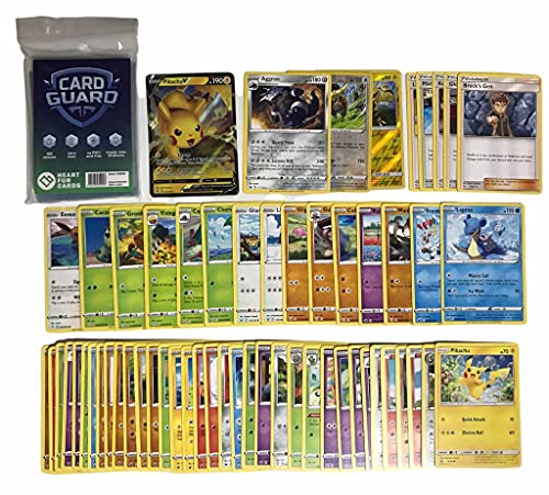 Pok Pokemon - Tarjetas sin doble (50 unidades, 1 V, GX o EX o VMAX Pokemon Tarjeta + 2 Tarjetas Brillantes Regalo + 1 Tarjetas Rare! + 1 Heartforcards® Toploader Sleeve