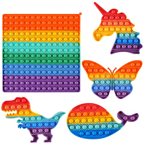 Pop it Fidget Toys Gigante Baratos Pack Juguetes Antiestrés Push Pop Bubble Sensorial Popit Fidget Toy Grande Juguete para Niños y Adultos（Set de 5 Arco Iris Unicornio, Mariposa, Dinosaurio, Ballena）