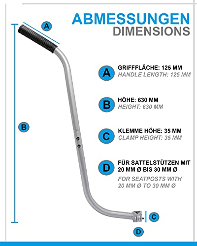 Prometheus - Barra de empuje para bicicleta infantil, divisible, 3 piezas, barra de sujeción estable y antideslizante en color gris, ayuda para el aprendizaje al montar en bicicleta | Edición 2021