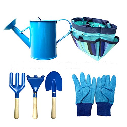 Queta Juego de Herramientas de jardinería para niños 6 Piezas Set Kids Gardening Toys con regadera Guantes Pala rastrillo Juguete de Jardinería Al Aire Libre con Bolsa (azul)