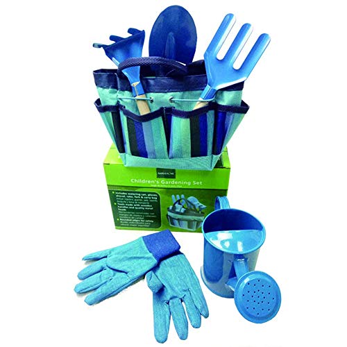 Queta Juego de Herramientas de jardinería para niños 6 Piezas Set Kids Gardening Toys con regadera Guantes Pala rastrillo Juguete de Jardinería Al Aire Libre con Bolsa (azul)