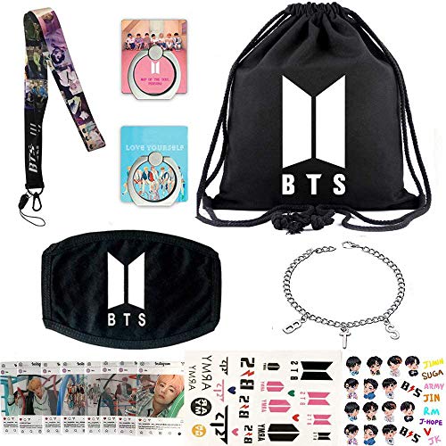 ReNice Big BTS Gifts Set for Army - 1 BTS Drawstring Bag / 8 BTS Tarjetas Transparentes / 2 BTS Soporte de Timbre para el teléfono / 1 BTS Lanyard / 1 BTS mascarilla