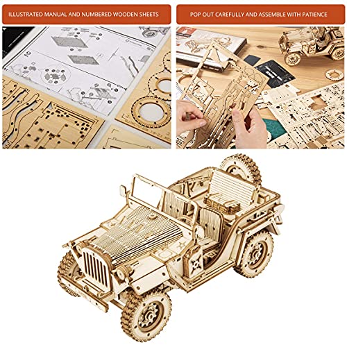 Robotime Jeep Army Cars Juguetes 3D Puzzle Model Kits Autoensamblaje Edificio de Madera Construcción mecánica Artesanía para niños, Adolescentes y Adultos