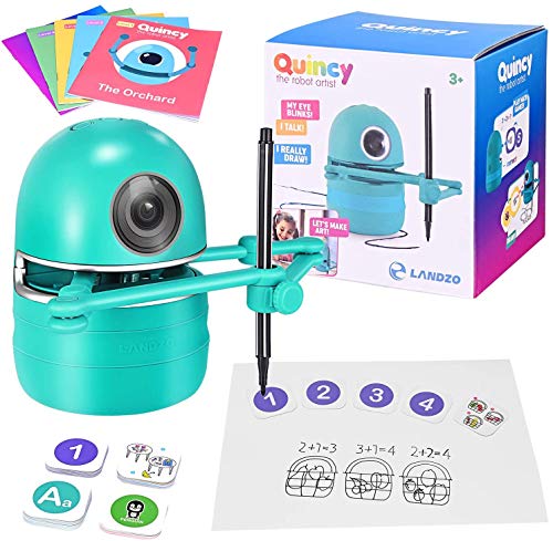 SEAAN Robot Artist Robot de Dibujo Inteligente para Pintura/ Ortografía/ Matemáticas, Inglés Versión Robot Educativo de Juguete para Niños de 2 a 14 Años, 4 Libros de Historia 64 Tarjetas, USB