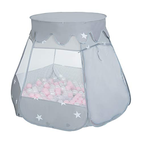 Selonis Tienda 105X90cm/100Bolas De Campaña/Castilo Plegable con Bolas Certificadas 6Cm para Niños, Gris:Blanco/Gris/Rosa Claro