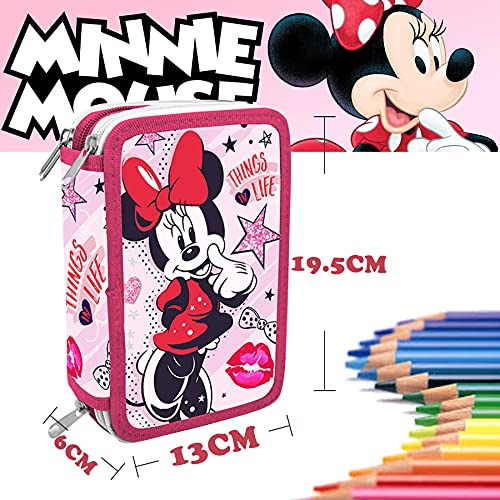 SKYLINE Estuche Escolar Plumier, Minnie Mouse, Estuche Tres Compartimentos, 13x19.5x6 cm, Gran Capacidad, Portatodo, Vuelta al Cole, Incluye 43 Piezas de Material Escolar