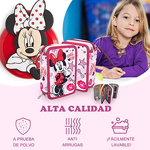 SKYLINE Estuche Escolar Plumier, Minnie Mouse, Estuche Tres Compartimentos, 13x19.5x6 cm, Gran Capacidad, Portatodo, Vuelta al Cole, Incluye 43 Piezas de Material Escolar