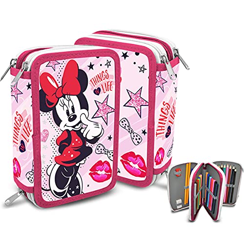 SKYLINE Estuche Escolar Plumier, Minnie Mouse, Estuche Tres Compartimentos, 13x19.5x6 cm, Gran Capacidad, Portatodo, Vuelta al Cole, Incluye 43 Piezas de Material Escolar