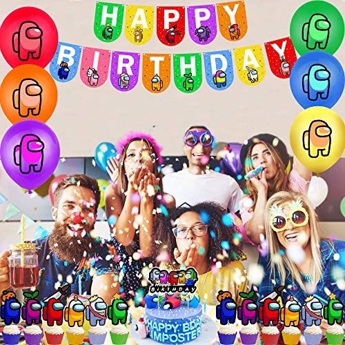 smileh Cumpleaños Decoracion de Among Us Globos Pancarta de Feliz Cumpleaños Adornos para Pastel de Juegos para niños adultos Decoraciones de Fiesta