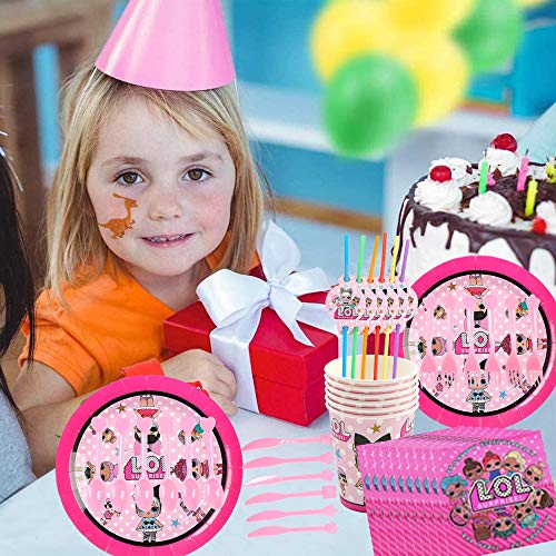 smileh Decoración de Cumpleaños Lol Surprise Muñeca Vajilla para Fiestas Incluye Platos Tazas Manteles Servilletas Cuchillos Cucharas Tenedores Pajitas Banderín para Niños