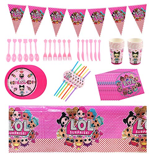 smileh Decoración de Cumpleaños Lol Surprise Muñeca Vajilla para Fiestas Incluye Platos Tazas Manteles Servilletas Cuchillos Cucharas Tenedores Pajitas Banderín para Niños