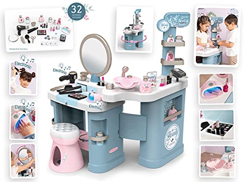 Smoby - My Beauty Center- Centro de Belleza con 3 Zonas, Cosmética, Peluquería y Caja Mostrador, Incluye 32 Accesorios, Para Niños a Partir de 3 Años, Medidas Montado: 97.5 x 51.4 x 100.2 cm