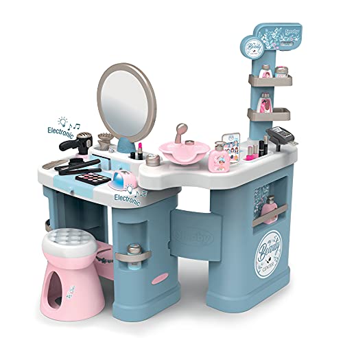 Smoby - My Beauty Center- Centro de Belleza con 3 Zonas, Cosmética, Peluquería y Caja Mostrador, Incluye 32 Accesorios, Para Niños a Partir de 3 Años, Medidas Montado: 97.5 x 51.4 x 100.2 cm