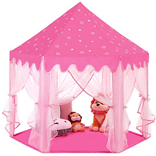 SONGMICS Tienda de Princesa, Carpa para Niños con Tul de Hadas, Castillo con Bolsa de Transporte, Uso Interior y Exterior, Espacio Privado para hasta 3 Niños, 140 x 120 x 135 cm, Rosa LPT601P01