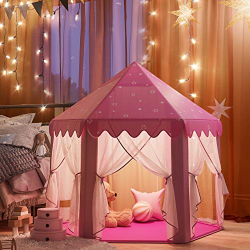 SONGMICS Tienda de Princesa, Carpa para Niños con Tul de Hadas, Castillo con Bolsa de Transporte, Uso Interior y Exterior, Espacio Privado para hasta 3 Niños, 140 x 120 x 135 cm, Rosa LPT601P01