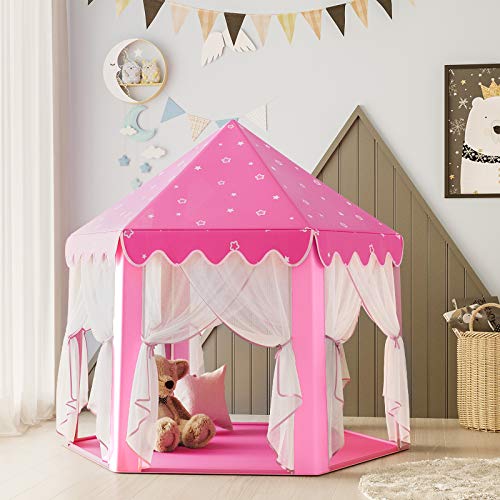 SONGMICS Tienda de Princesa, Carpa para Niños con Tul de Hadas, Castillo con Bolsa de Transporte, Uso Interior y Exterior, Espacio Privado para hasta 3 Niños, 140 x 120 x 135 cm, Rosa LPT601P01