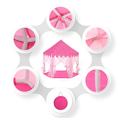 SONGMICS Tienda de Princesa, Carpa para Niños con Tul de Hadas, Castillo con Bolsa de Transporte, Uso Interior y Exterior, Espacio Privado para hasta 3 Niños, 140 x 120 x 135 cm, Rosa LPT601P01