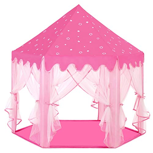 SONGMICS Tienda de Princesa, Carpa para Niños con Tul de Hadas, Castillo con Bolsa de Transporte, Uso Interior y Exterior, Espacio Privado para hasta 3 Niños, 140 x 120 x 135 cm, Rosa LPT601P01