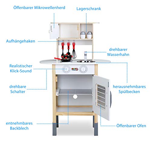 Spielwerk Cocinita de Madera 'Happy Kitchen' Cocina de Juguete Infantil 35 con Accesorios 57x29,5x77/83cm