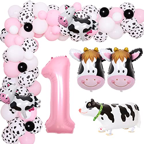 Suministros de fiesta de primer cumpleaños de vaca para niña, globos temáticos de animales de granja, guirnalda de arco, kit de decoración de fiesta de vaca para niñas, primer cumpleaños