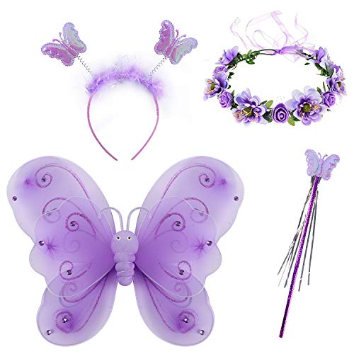 Tacobear Disfraz Hada Niña Disfraz Mariposa con Alas Hada Vestido Diademas Corona Flores Varitas Magicas Hada Mariposa Princesa Disfraces Accesorios Regalos Fiesta Cumpleaños para Niñas Niños (Morado)