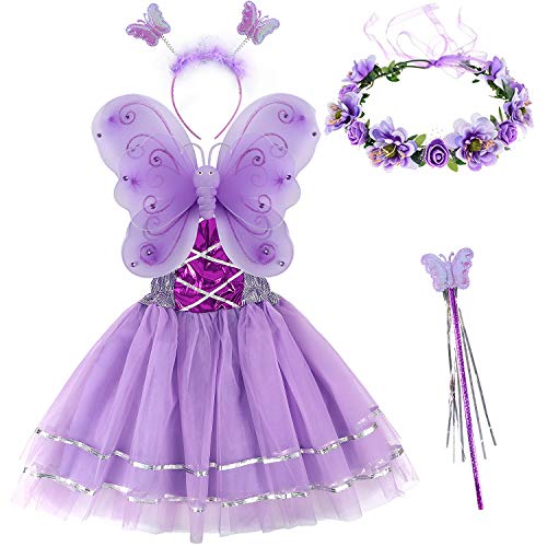 Tacobear Disfraz Hada Niña Disfraz Mariposa con Alas Hada Vestido Diademas Corona Flores Varitas Magicas Hada Mariposa Princesa Disfraces Accesorios Regalos Fiesta Cumpleaños para Niñas Niños (Morado)