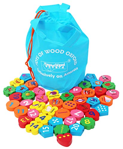 TOWO Beads Juguete educativos Cuentas de Madera para Atar para niños de 46 Piezas - Alfabeto de Madera Bloques de números ensartables infantiles abacos para niños creativo - juguetes montessori educativo