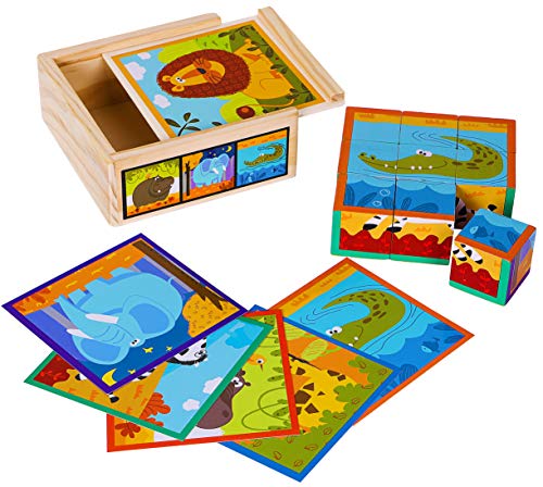 TOWO Bloques de Rompecabezas de Madera - 9 Piezas de Cubos de Animales en Caja de Madera - Puzzle Cubos para niños - Juguetes Educativos 2 Años - Bloques Logicos Madera - Juguetes Niños 2 Años