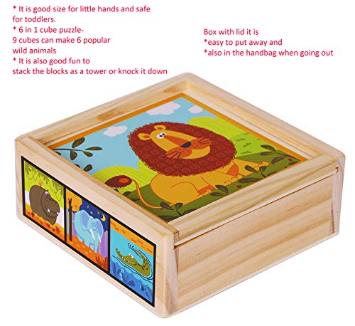 TOWO Bloques de Rompecabezas de Madera - 9 Piezas de Cubos de Animales en Caja de Madera - Puzzle Cubos para niños - Juguetes Educativos 2 Años - Bloques Logicos Madera - Juguetes Niños 2 Años