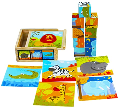 TOWO Bloques de Rompecabezas de Madera - 9 Piezas de Cubos de Animales en Caja de Madera - Puzzle Cubos para niños - Juguetes Educativos 2 Años - Bloques Logicos Madera - Juguetes Niños 2 Años