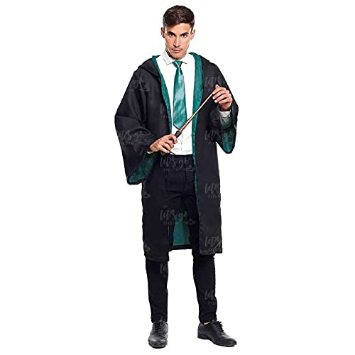 Túnica Mago Verde con Capucha Hombre Mujer Unisex Disfraz Hechicero Bruja Aprendiz Colegial【Tallas Adulto S a L】[Talla S] Disfraz Uniforme Cosplay Carnaval Halloween