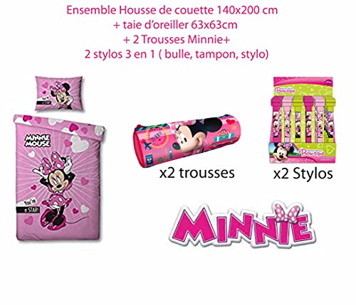 Twenty Feet Minnie Mouse - Juego de cama (funda nórdica de 140 x 200 cm, 2 fundas de almohada y 2 bolígrafos 3 en 1)