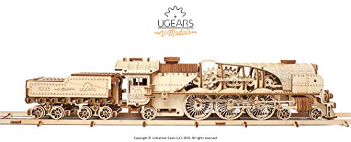 UGEARS V-Express Tren de Vapor - Set de Construcción Puzzle 3D Locomotora Modelo Mecánico de Madera