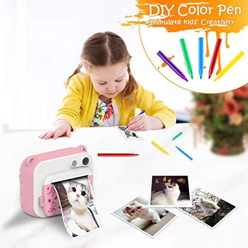 Ukuu Cámaras Instantáneas para Niños, Recargable Cámaras Fotos con Pantalla de 2,0" Incluye 3 Rollos Impresión Papel, 32GB TF y Bolígrafos de Colores Regalos Ideale para Niños Niñas de 3-12 Años Rosa