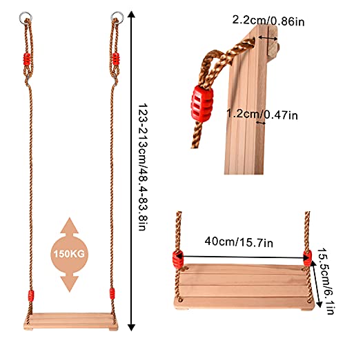 Ulikey Columpio de Madera, Columpio de Jardín hasta 150kg, Madera Asiento de Swing para Adultos y Niños, Columpio Infantil al Aire Libre con Cuerda Regulables, Ideal para Interiores e Exteriores