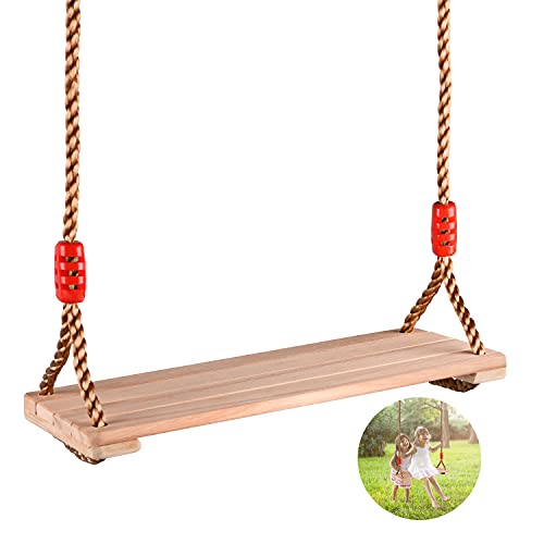 Ulikey Columpio de Madera, Columpio de Jardín hasta 150kg, Madera Asiento de Swing para Adultos y Niños, Columpio Infantil al Aire Libre con Cuerda Regulables, Ideal para Interiores e Exteriores