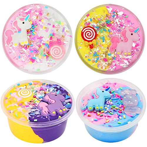 Unicorn-Fluffy Slime,Paquete de 4 Juegos de Limo de Mantequilla,Limo de Nube de Suave,Fluffy Slime Kit de Colorful Slime,Charm Butter Slime Supplies Stress Relief DIY Toy for Girls and Boys