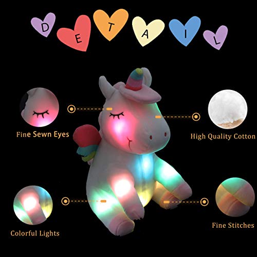 Unicornio con luz de peluche suave, animales de peluche LED con luces nocturnas de colores brillantes, cumpleaños para niñas y mujeres, 12 pulgadas