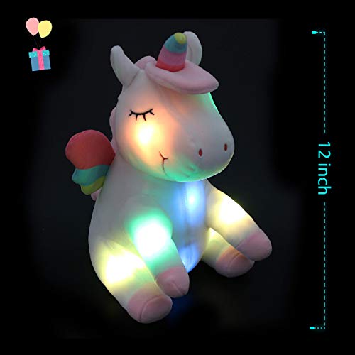 Unicornio con luz de peluche suave, animales de peluche LED con luces nocturnas de colores brillantes, cumpleaños para niñas y mujeres, 12 pulgadas